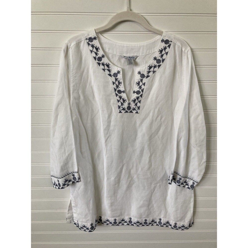 Tommy Bahama Prim Pina Linen Top Blouse MEDIUM White Embroidered Lyocell